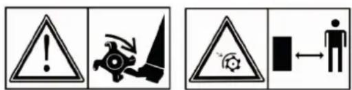 Warning symbols and pictograms: triangular warning triangle, hazard symbol with arrows, circular hazard symbol with gear, and human figure with bidirectional arrow.