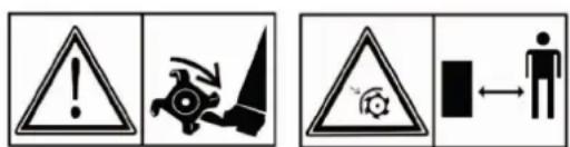 Warning symbols and pictograms: warning triangle, hazard symbol, warning triangle with gear, and person silhouette