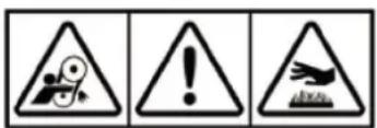 Three triangular warning signs with icons: a falling object, an exclamation mark, and a broken surface.