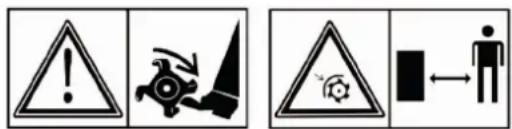 Warning symbols and icons including warning triangle, gear, gear icon, and person with bidirectional arrow