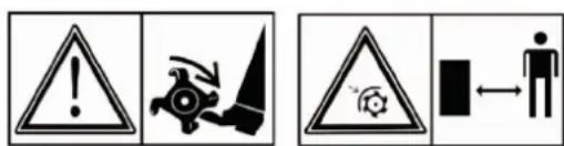 Warning symbols and human figure icons including warning triangle, gear, and person