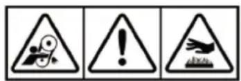 Three triangular warning signs with icons: a falling object, an exclamation mark, and a broken ground symbol.