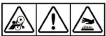 Three warning symbols: triangular triangle warning, exclamation mark, and pictogram with warning sign