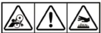Three warning symbols: triangular warning triangle with mechanical device, exclamation mark, and triangular hazard symbol with broken ground.