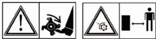 Warning symbols including warning triangle, gear icon, and person silhouette with directional arrow