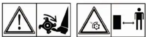 Warning symbols and pictograms: triangular warning triangle with exclamation mark, broken cone, circular object with gear, and human figure with directional arrow.
