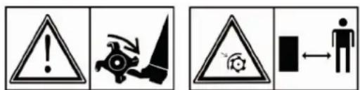 Warning symbols and pictograms: triangular warning triangle, skull with warning symbol, triangular hazard symbol, and human figure with directional arrow