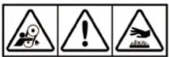 Three warning symbols: triangular warning triangle with gear and warning sign, triangular warning sign with exclamation mark, and triangular warning sign with broken floor.