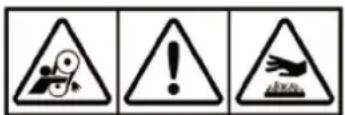 Three warning symbols: triangular warning triangle with mechanical device, exclamation mark, and triangular hazard symbol with falling object.