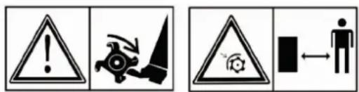 Warning symbols and pictograms: triangular warning triangle with exclamation mark, gear icon, triangular hazard symbol, and human figure with directional arrow