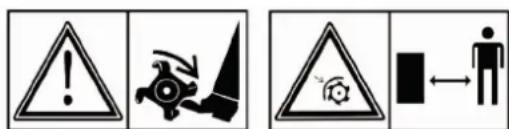 Warning symbols and pictograms: warning triangle, hazard symbol, and person silhouette with bidirectional arrow
