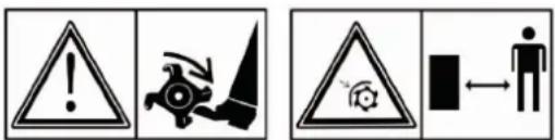 Warning symbols and icons including warning triangle, gear, gear icon, and person with bidirectional arrow