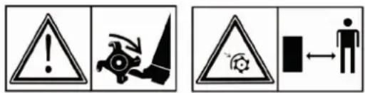 Warning symbols and human figure icons: warning triangle, explosion, and person with directional arrow