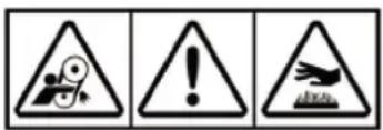 Three triangular warning symbols: a gear with warning sign, an exclamation mark, and a broken object with warning symbol.