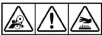 Three warning symbols: triangular warning triangle with gear and warning sign, triangular warning sign with exclamation mark, and triangular warning sign with broken object.
