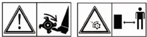 Four safety warning symbols: triangular warning triangle, gear icon with motion arrow, triangular hazard symbol, and human figure with bidirectional arrow.