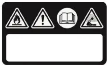 Warning sign with hazard symbols including flame, exclamation mark, open book, and cartoon character