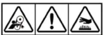 Three warning symbols: triangular warning triangle with gear and warning sign, triangular warning sign with exclamation mark, and triangular warning sign with aircraft.