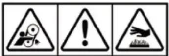 Three warning symbols: triangular warning triangle with mechanical device, exclamation mark, and broken-out warning sign.
