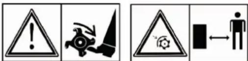 Warning symbols including warning triangle, hazard symbol, and person silhouette with directional arrow