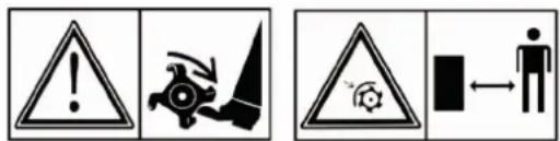 Four safety warning symbols: triangular warning triangle, lightning bolt, triangular hazard triangle, and human figure with bidirectional arrow