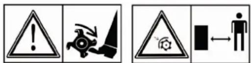 Warning symbols including warning triangle, explosion icon, and person silhouette with directional arrow