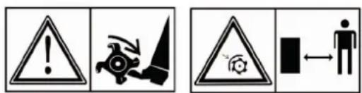 Warning symbols including warning triangle, explosion, gear, and person icon with directional arrows