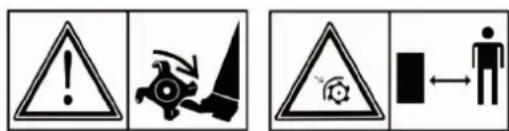 Warning symbols including warning triangle, hazard symbol, and person silhouette with directional arrow