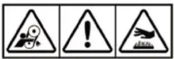 Three warning symbols: triangular warning triangle with gear and warning sign, triangular exclamation mark, and triangular hazard symbol with aircraft.