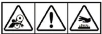 Three warning signs: triangular warning triangle with gear and warning symbol, triangular warning sign with exclamation mark, and triangular warning sign with explosion hazard symbol.
