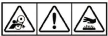Three triangular warning signs with icons: a gear, an exclamation mark, and a broken object.