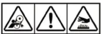 Three warning symbols: triangular warning triangle with mechanical device, exclamation mark, and triangular hazard symbol with falling object.