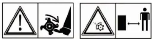 Warning symbols and pictograms: triangular warning triangle, skull with gear, triangular hazard symbol, and human figure with directional arrow