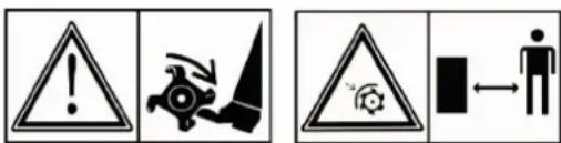Warning symbols including warning triangle, hazard symbol, and person silhouette with directional arrow