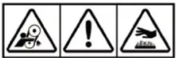 Three warning symbols: triangular warning triangle with mechanical device, exclamation mark, and ground symbol.