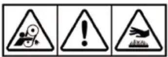 Three triangular warning signs with icons: a gear, an exclamation mark, and a broken object.