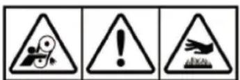 Three warning symbols: triangular warning triangle with mechanical device, exclamation mark, and triangular hazard sign with airplane.