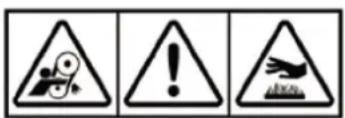 Three warning symbols: triangular warning triangle with gear and warning sign, triangular warning sign with exclamation mark, and triangular warning sign with broken bar.
