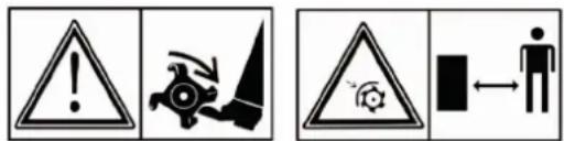Warning symbols including warning triangle, explosion, and human figure with directional arrows