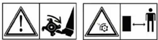 Warning symbols and pictograms: triangular warning triangle, explosion icon, triangular hazard symbol, and human figure with directional arrow