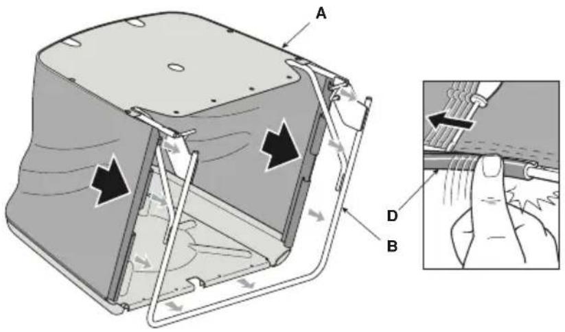 Technical diagram of a mechanical component with labeled parts A, B, and D, showing internal structure and assembly with directional arrows indicating motion.