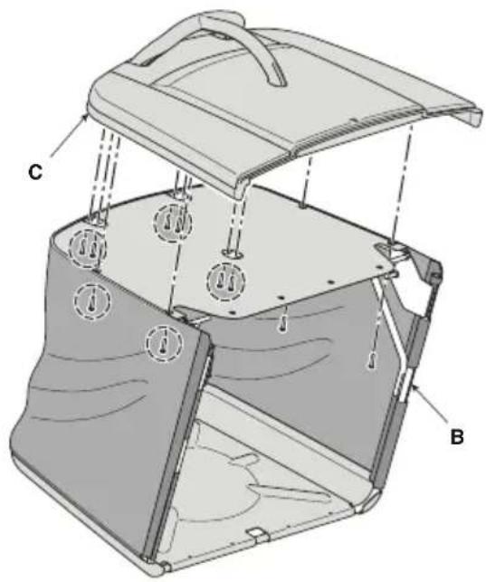 Technical diagram of a mechanical device with labeled parts C and B, showing internal components and structural connections.