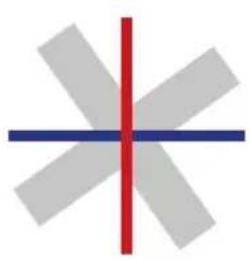 Abstract geometric diagram with intersecting gray rectangles and a red vertical line (no text or symbols)