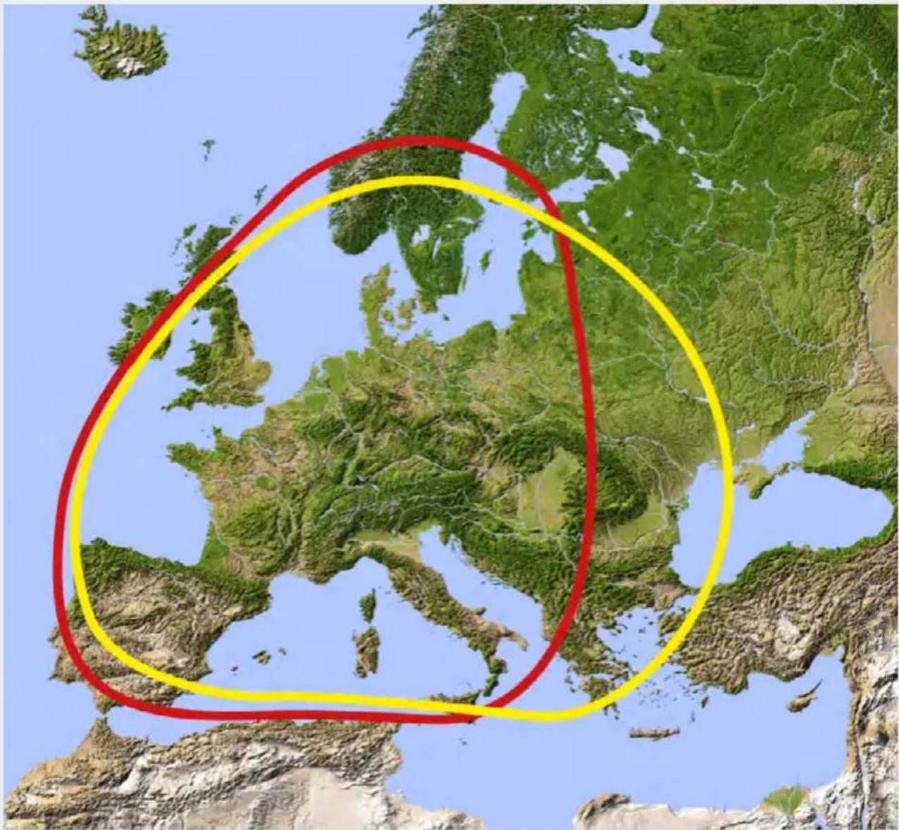 Topographic map of Europe highlighting a region outlined in yellow and red, with no visible text or labels.