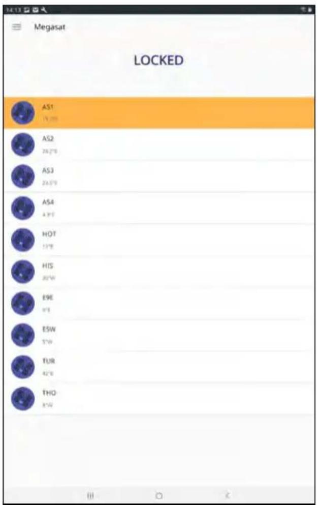 Megasat LOCKED AS1 19:00 AS2 26:28 AS3 24:59 AS4 4:17 HOT 13'E HIS 20'W E9E 9'E ESW 5'W TUR 42'E THO 8'W
