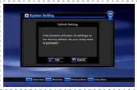 System Setting Default Setting This button will clear all settings for the history default. Do you really want be pressed ? OK BACK