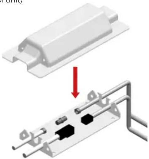 Mechanical assembly diagram showing a bracket with a red arrow indicating a process or operation (no text or symbols present)