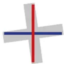 Abstract geometric shape with intersecting red and blue lines forming a cross (no text or symbols)