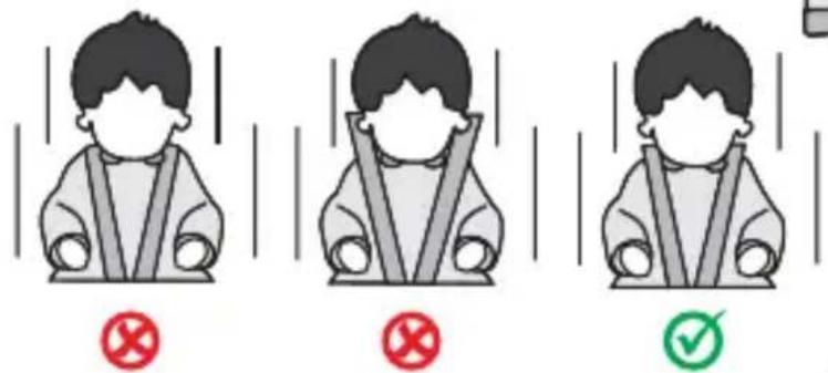 Three illustrated scenarios showing a person wearing a seatbelt with red and green checkmarks indicating incorrect or correct actions.
