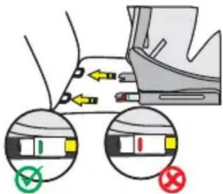 Diagram illustrating foot movement and safety symbols with arrows and checkmarks, showing correct and incorrect positions.